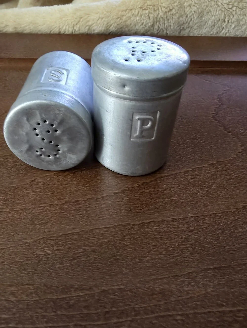 Vintage 1950s Aluminum Tin Funnel, Measuring Cup & Salt & Pepper Shakers